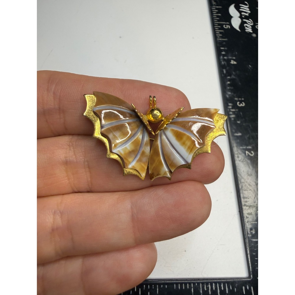 Gold Tone Butterfly Brooch Pendant Carved Shell Banded Brown Tan Scalloped Wing